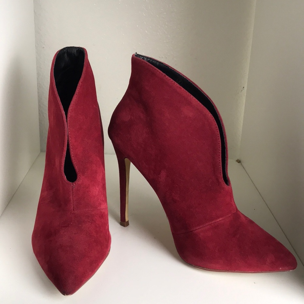 Red suede high heel booties